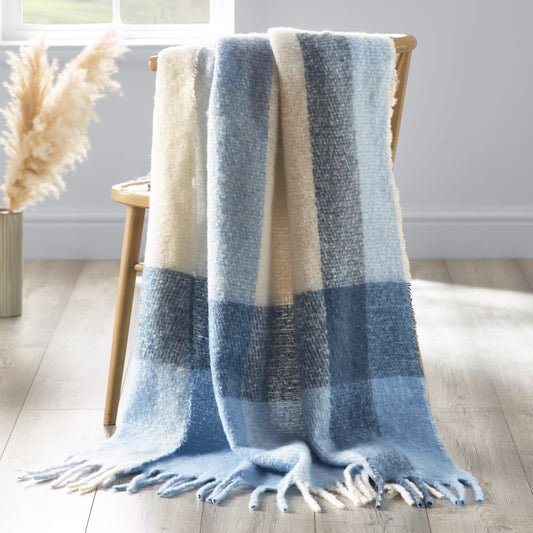 Catherine Lansfield Faux Mohair Check Throw - Blue