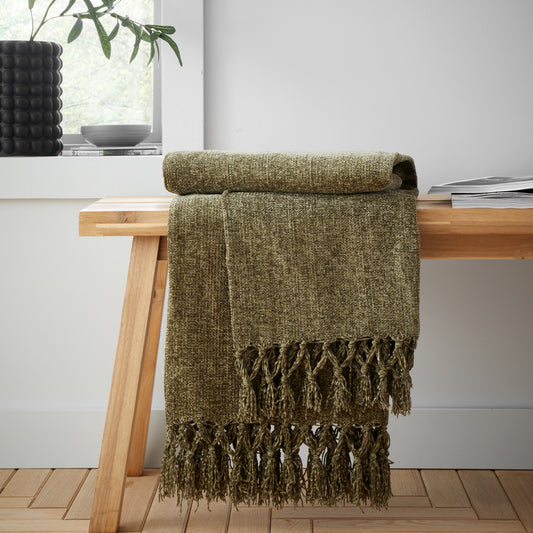 Catherine Lansfield Wilson Plain Chenille Throw - Olive