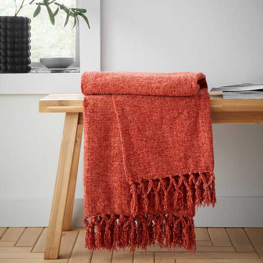 Catherine Lansfield Wilson Plain Chenille Throw - Terracotta