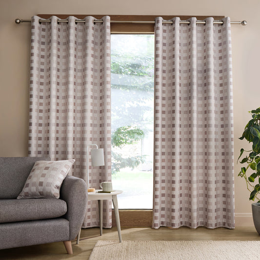 Catherine Lansfield Wilson Check Blackout Thermal Eyelet Curtains - Natural