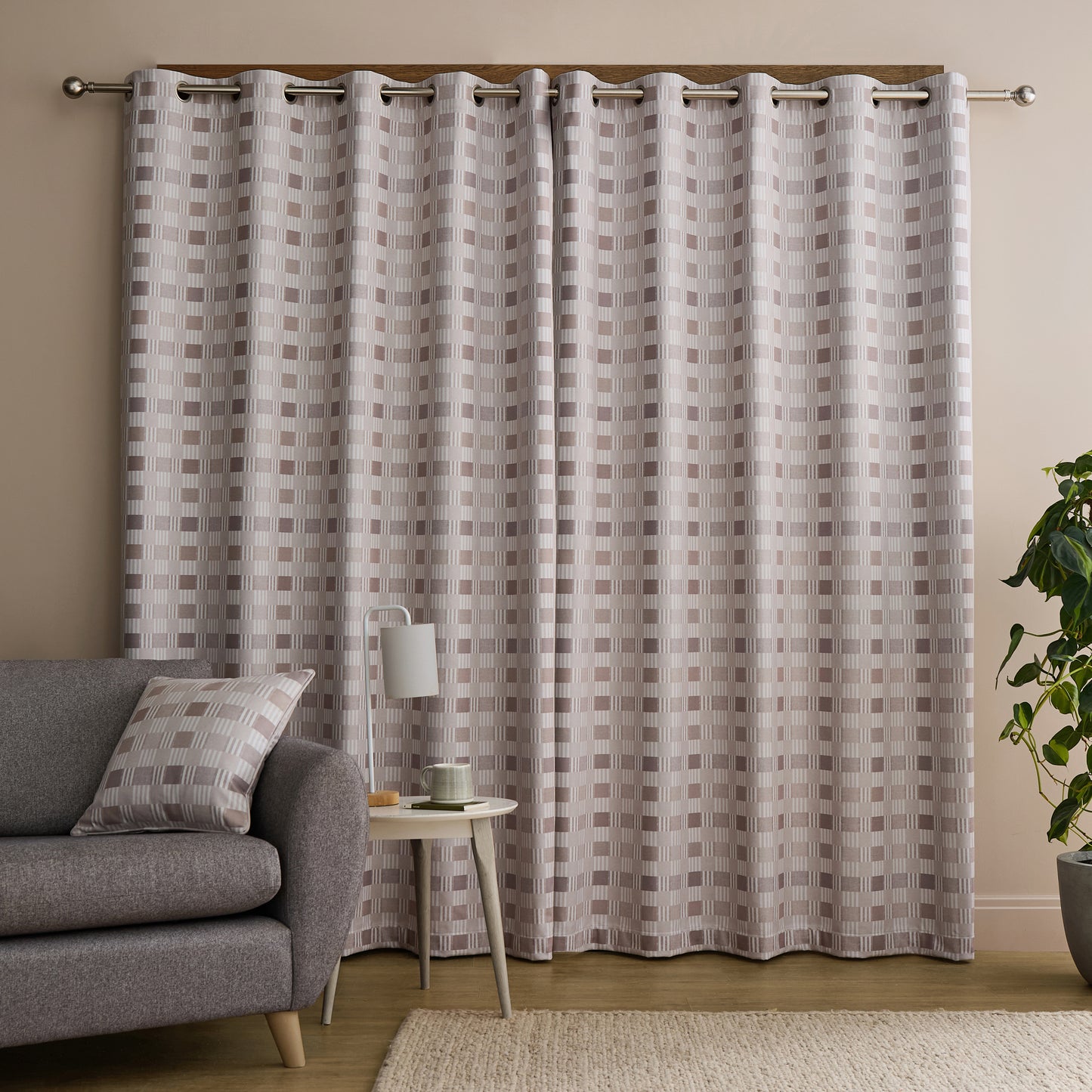 Catherine Lansfield Wilson Check Blackout Thermal Eyelet Curtains - Natural