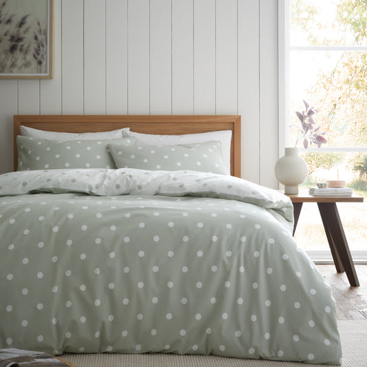 Catherine Lansfield Brushed Polka Dot Duvet Cover Set - Green