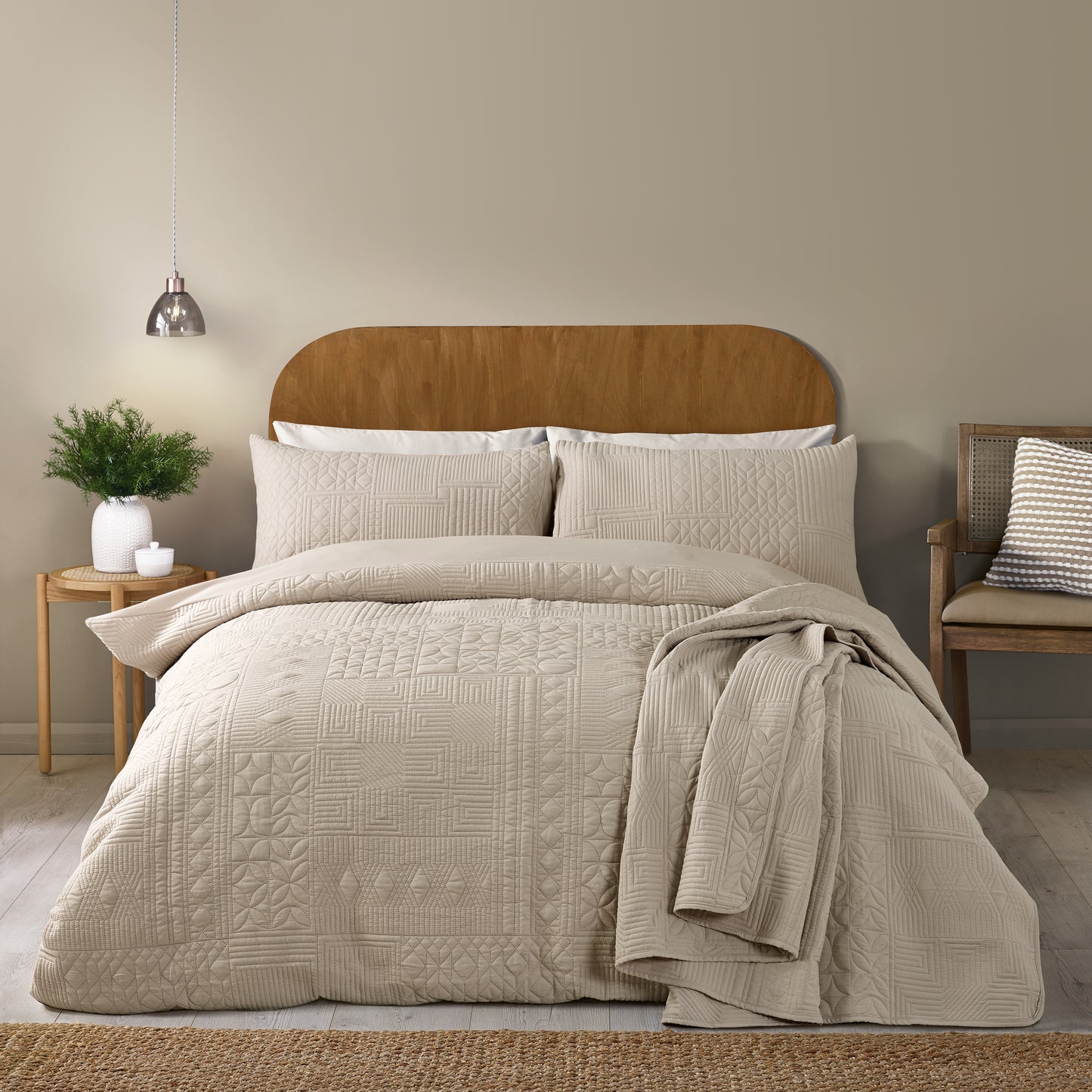 Catherine Lansfield Folkstone Geo Bedspread - Natural