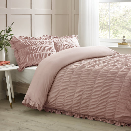 Catherine Lansfield Seersucker Frill Duvet Cover Set - Pink
