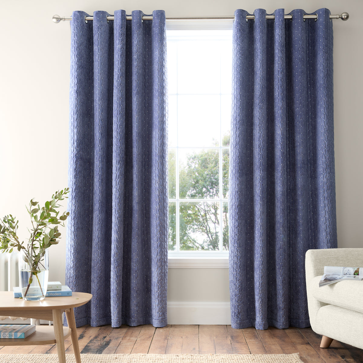 Bianca Attica Velvet Eyelet Curtains - Blue