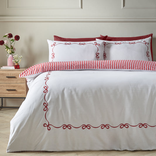 Catherine Lansfield Bow Embroidery Duvet Cover Set - White/Red