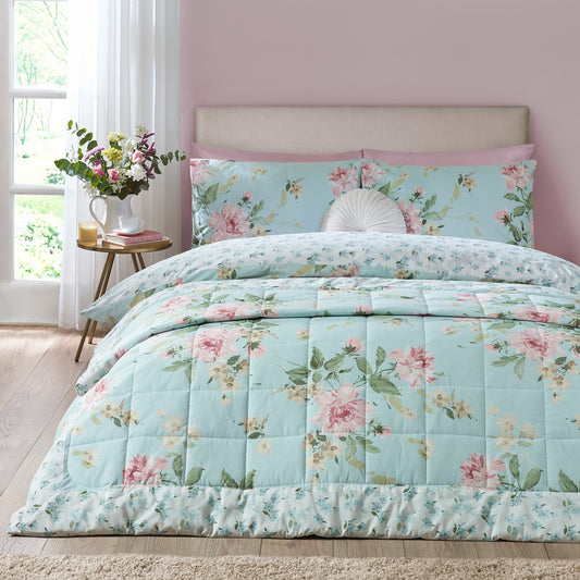 Catherine Lansfield Avebury Floral Bedspread - Duck Egg