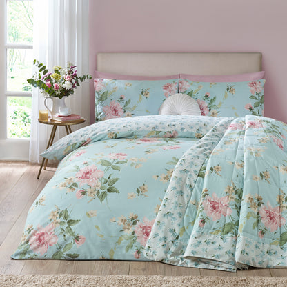 Catherine Lansfield Avebury Floral Bedspread - Duck Egg