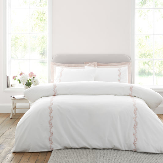 Bianca Camille Embroidered Floral Duvet Cover Set - White/Pink
