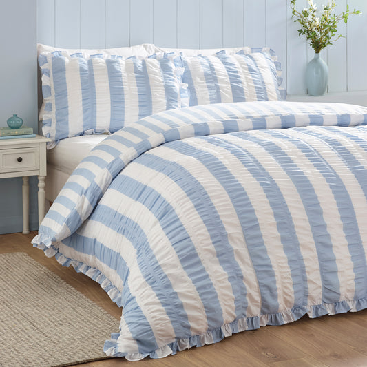 Catherine Lansfield Seersucker Frill Stripe Duvet Cover Set - Blue