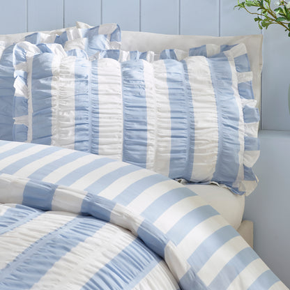 Catherine Lansfield Seersucker Frill Stripe Duvet Cover Set - Blue