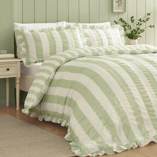 Catherine Lansfield Seersucker Frill Stripe Duvet Cover Set - Green