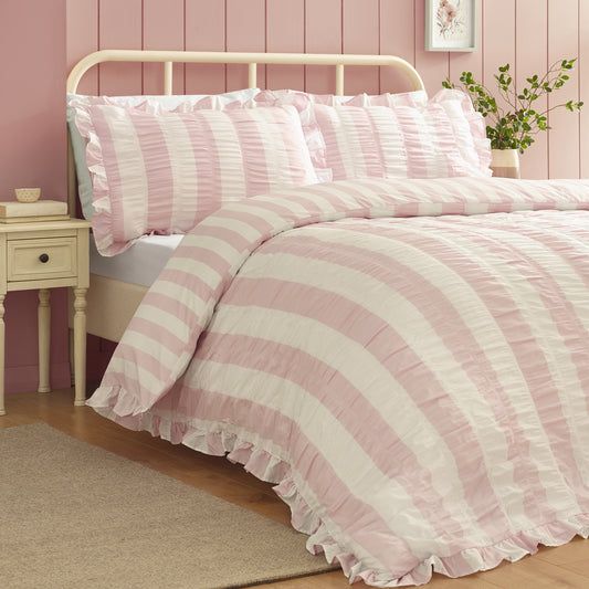 Catherine Lansfield Seersucker Frill Stripe Duvet Cover Set - Pink