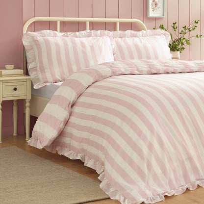 Catherine Lansfield Seersucker Frill Stripe Duvet Cover Set - Pink