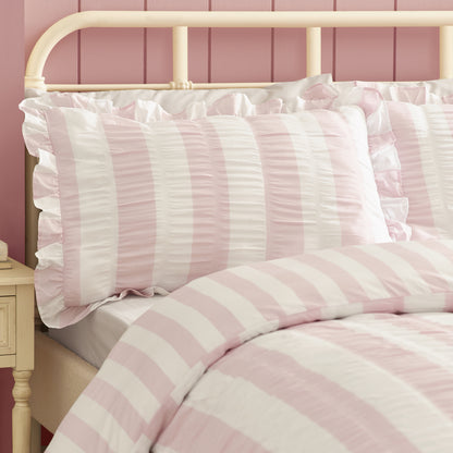 Catherine Lansfield Seersucker Frill Stripe Duvet Cover Set - Pink