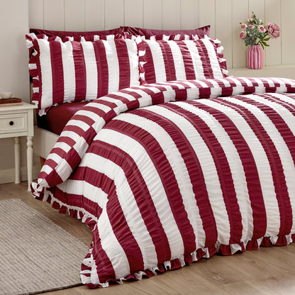 Catherine Lansfield Seersucker Frill Stripe Duvet Cover Set - Plum