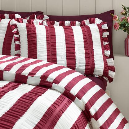 Catherine Lansfield Seersucker Frill Stripe Duvet Cover Set - Plum