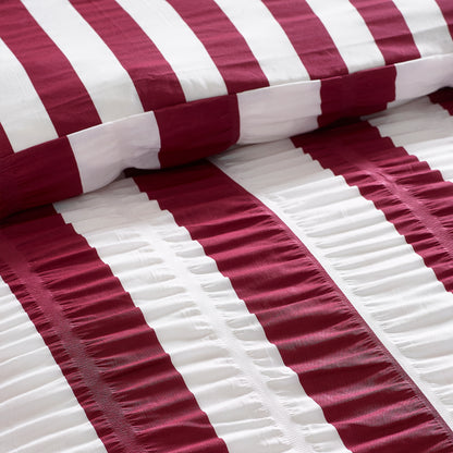 Catherine Lansfield Seersucker Frill Stripe Duvet Cover Set - Plum