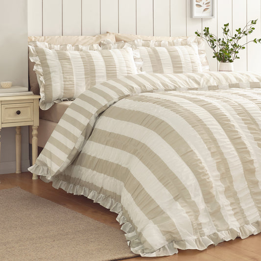 Catherine Lansfield Seersucker Frill Stripe Duvet Cover Set - Natural
