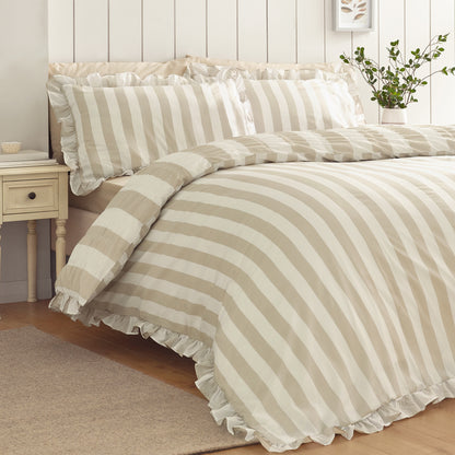 Catherine Lansfield Seersucker Frill Stripe Duvet Cover Set - Natural