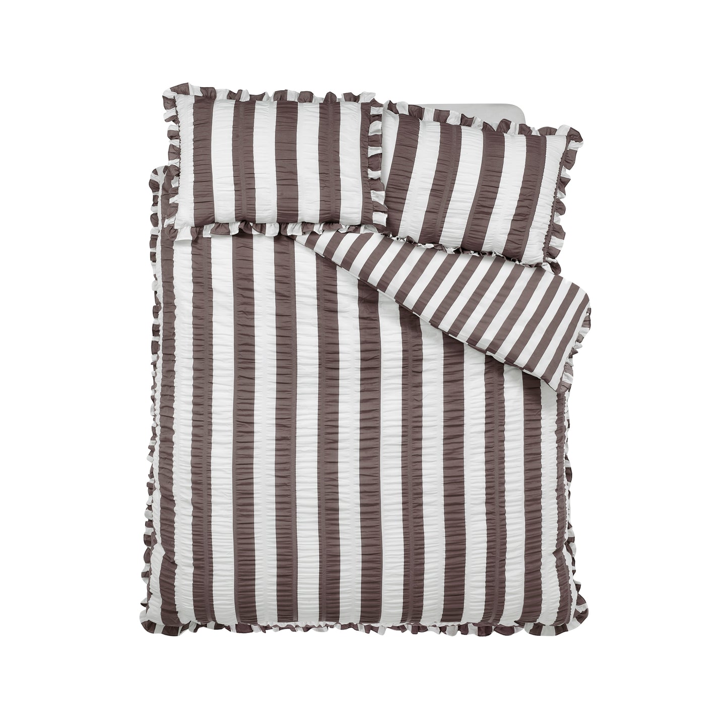 Catherine Lansfield Seersucker Frill Stripe Duvet Cover Set - Chocolate