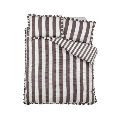 Catherine Lansfield Seersucker Frill Stripe Duvet Cover Set - Chocolate