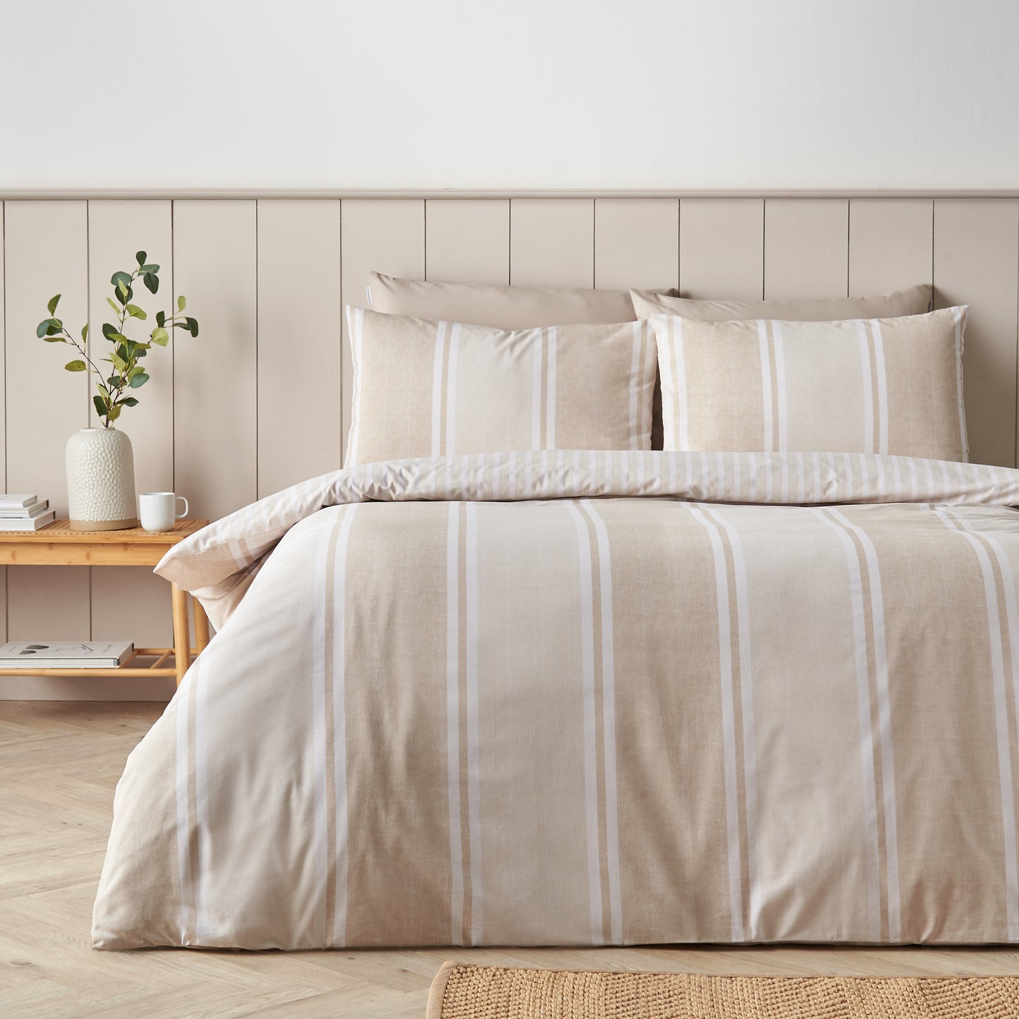 Catherine Lansfield Banded Stripe Duvet Cover Set - Natural