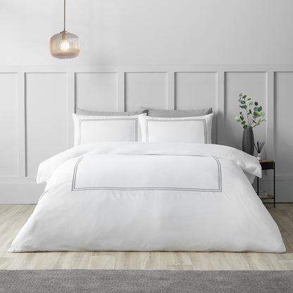 Catherine Lansfield So Soft Mono Satin Stitch Duvet Cover Set - White/Silver