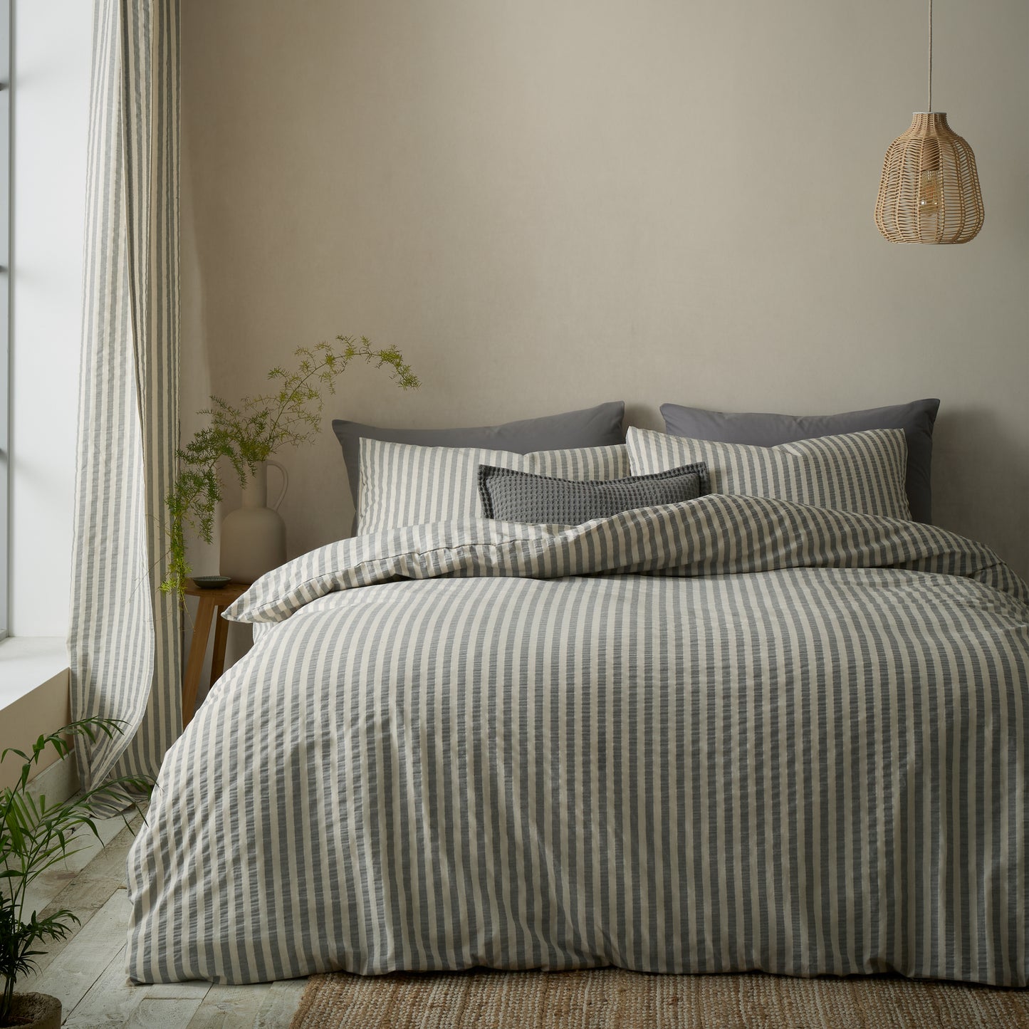 Pineapple Elephant Cotton Rich Woven Stripe Duvet Cover Set - Grey
