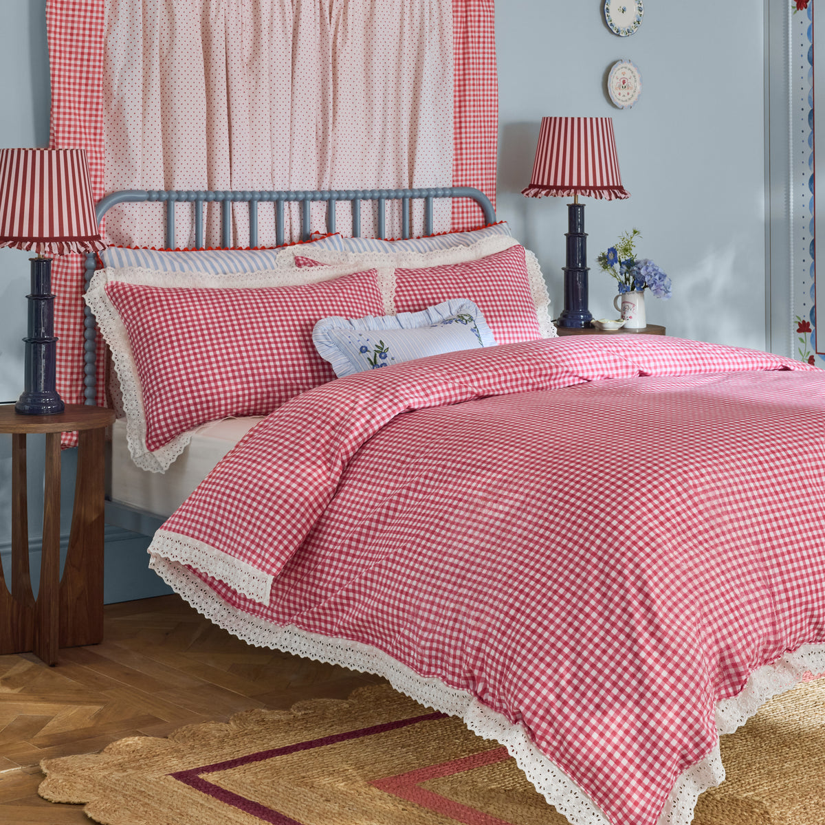 Cath Kidston Painted Gingham Lace Duvet Cover Set - Red