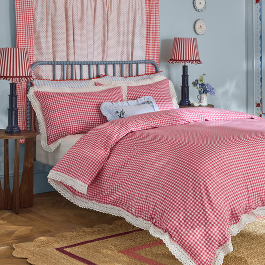 Cath Kidston Painted Gingham Lace Duvet Cover Set - Red