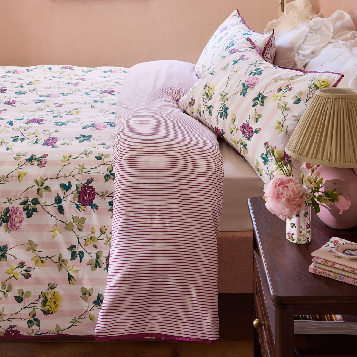 Cath Kidston Climbing Rose Stripe Duvet Cover Set - Pink