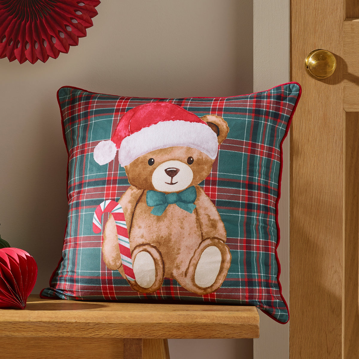 Catherine Lansfield Christmas Tartan Teddy Bear Filled Cushion - Green