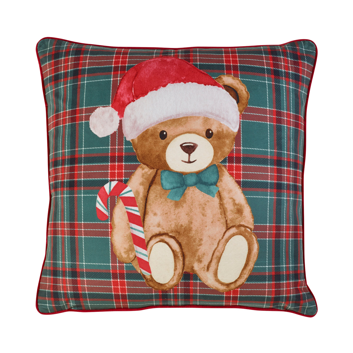 Catherine Lansfield Christmas Tartan Teddy Bear Filled Cushion - Green