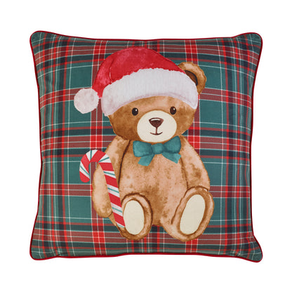 Catherine Lansfield Christmas Tartan Teddy Bear Filled Cushion - Green