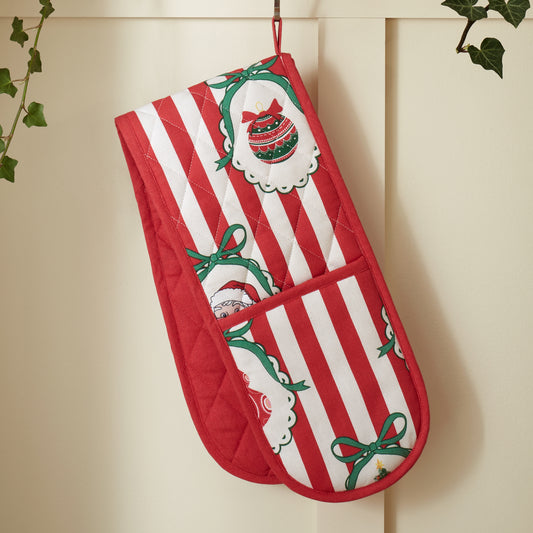 Catherine Lansfield Christmas Vintage Stripe Double Oven Glove - Red