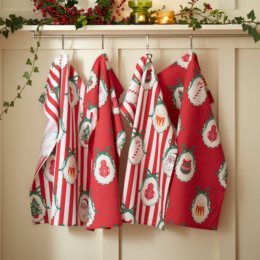 Catherine Lansfield Christmas Vintage Stripe Tea Towels (Pack of 4) - Red