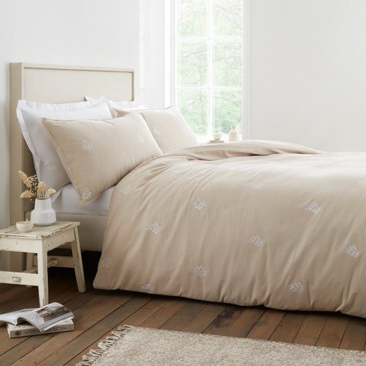 Bianca Brushed Embroidery Leaf Duvet Cover Set - Natural