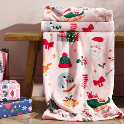 Catherine Lansfield Christmas Happy Holidays Throw - Pink