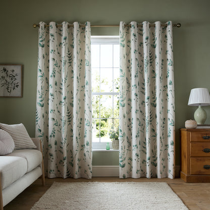 Catherine Lansfield Watercolour Leaves Eyelet Curtains - Natural/Green