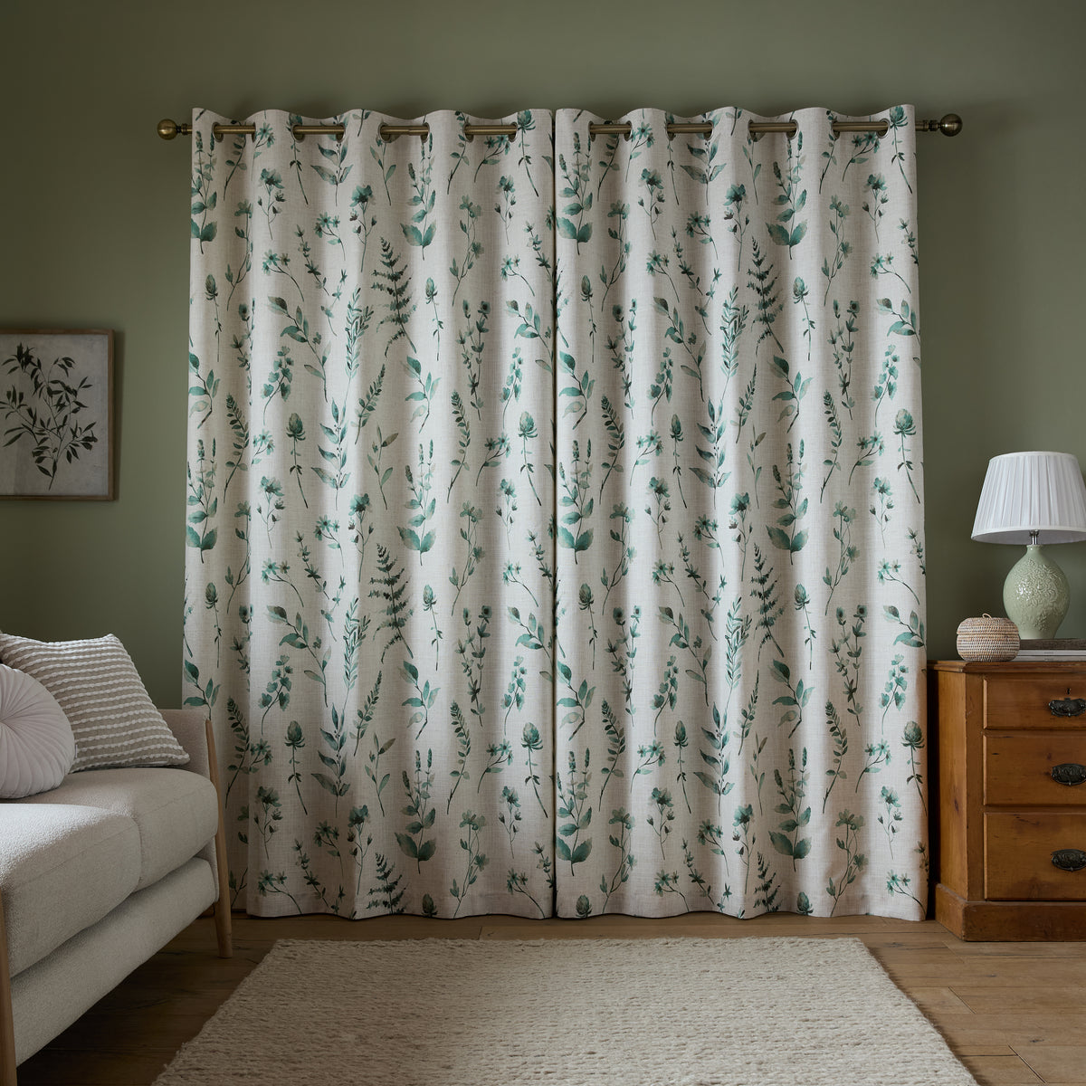 Catherine Lansfield Watercolour Leaves Eyelet Curtains - Natural/Green