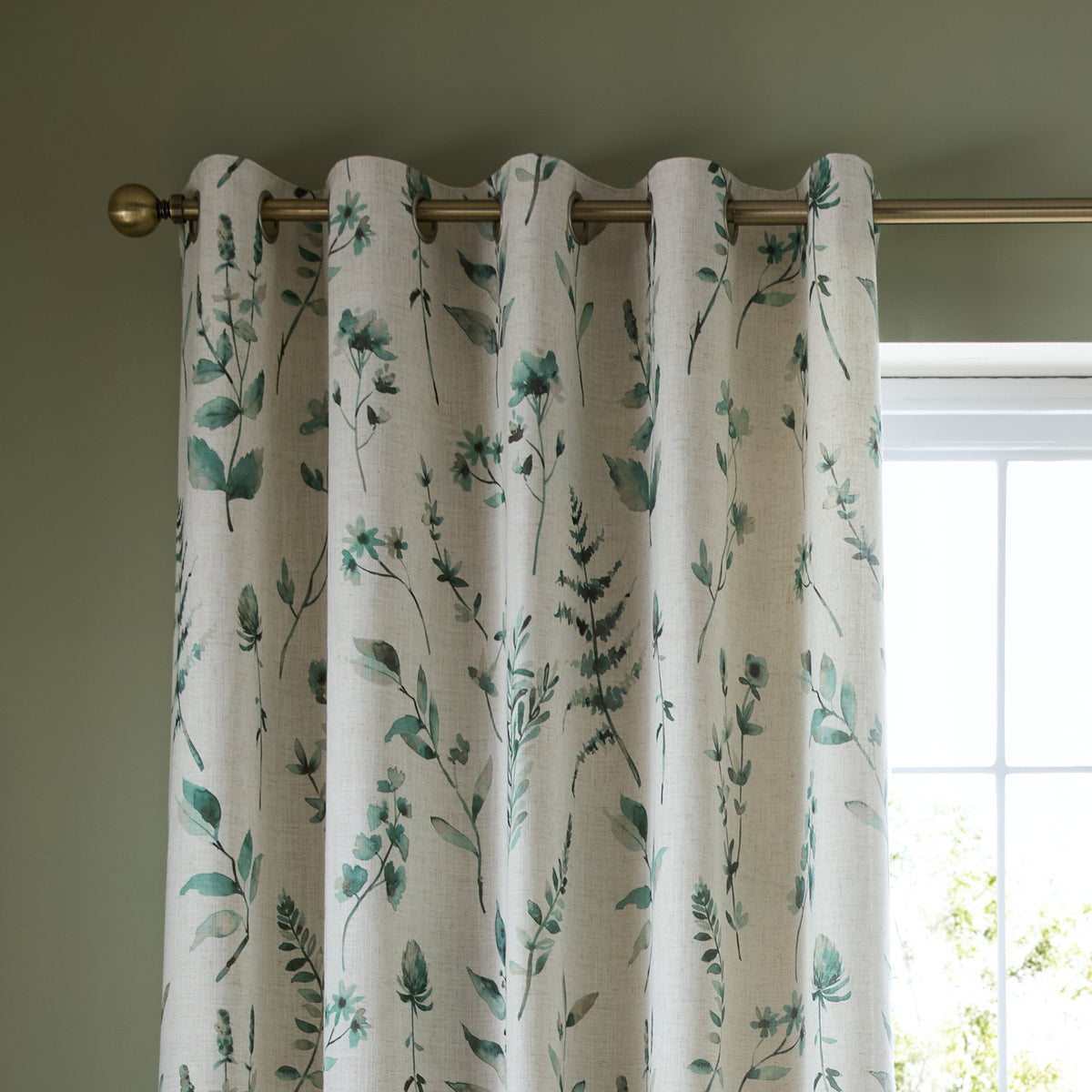 Catherine Lansfield Watercolour Leaves Eyelet Curtains - Natural/Green