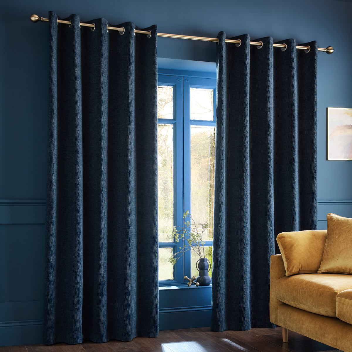 Catherine Lansfield Crinkle Chenille Eyelet Curtains - Blue