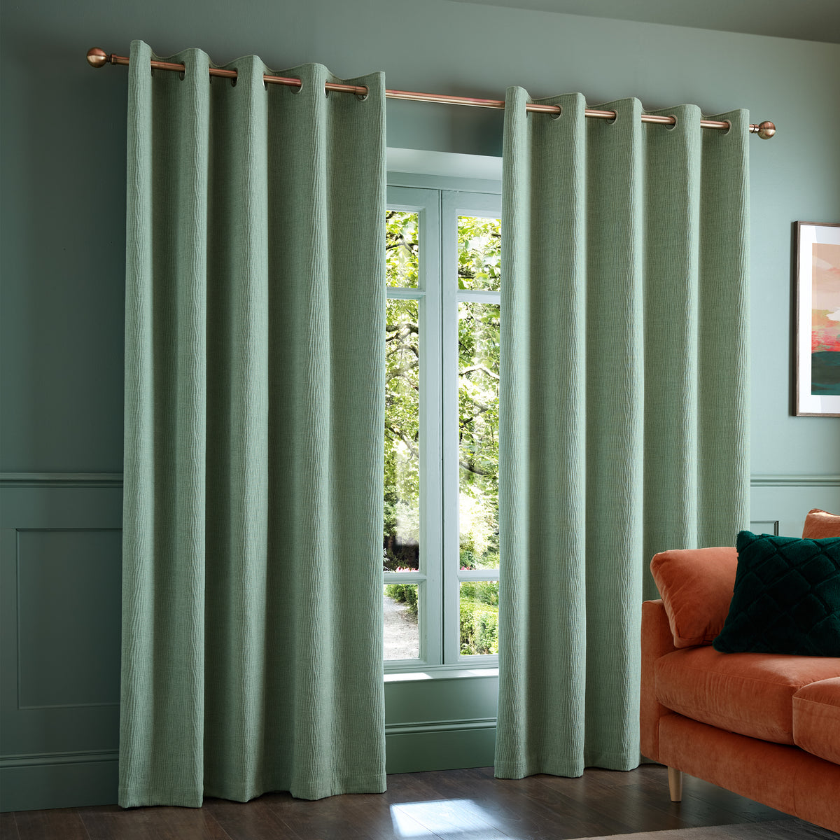 Catherine Lansfield Crinkle Chenille Eyelet Curtains - Green