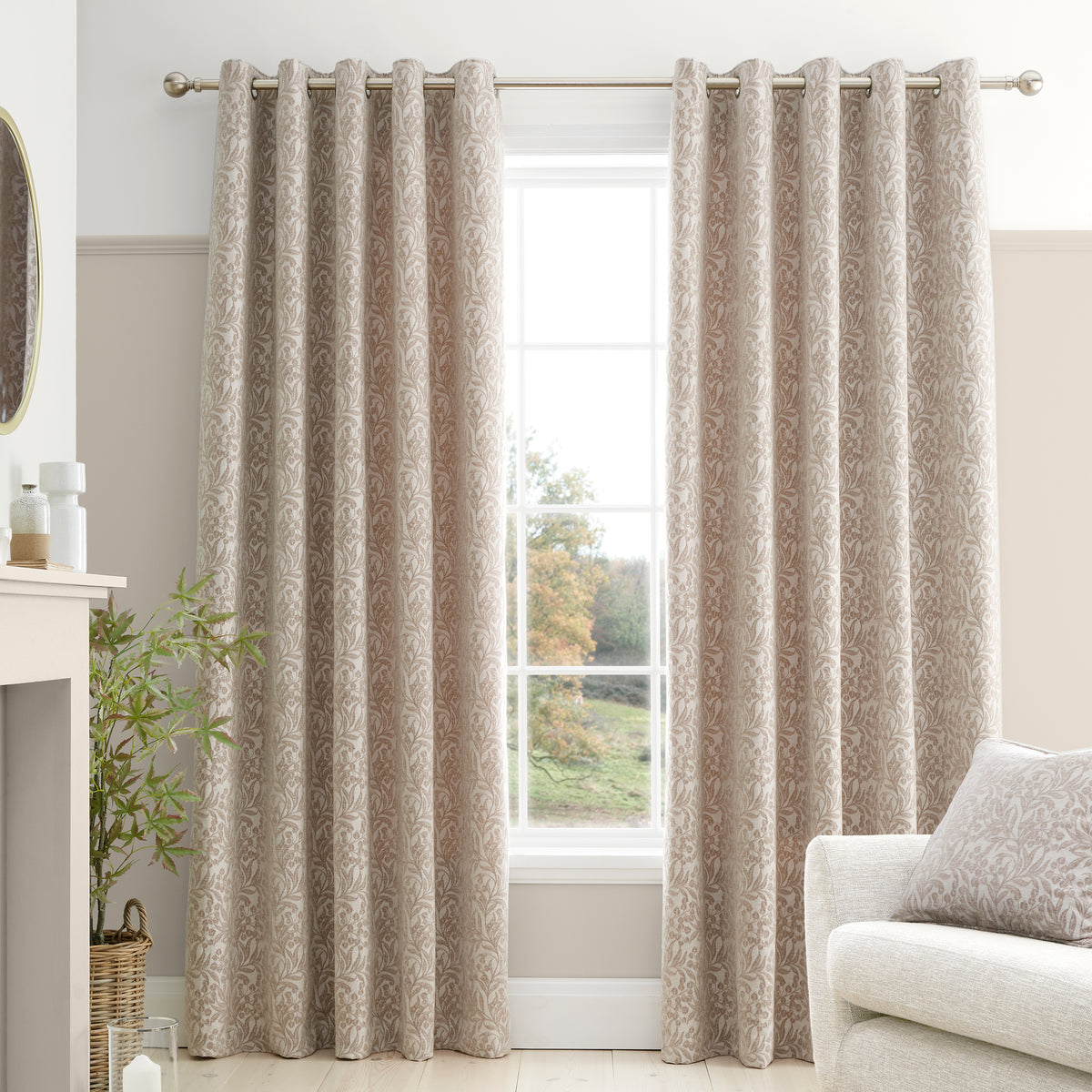Bianca Chenille Leaves Eyelet Curtains - Natural