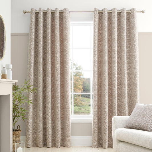 Bianca Chenille Leaves Eyelet Curtains - Natural