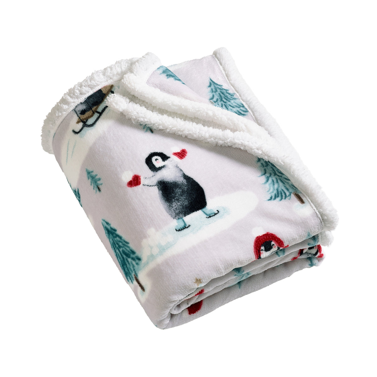 Catherine Lansfield Christmas Sherpa Penguins Throw - Natural