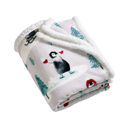 Catherine Lansfield Christmas Sherpa Penguins Throw - Natural