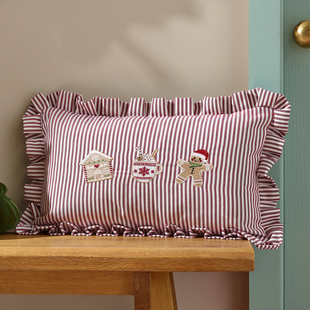 Catherine Lansfield Christmas Gingerbread Stripe Filled Cushion - Natural