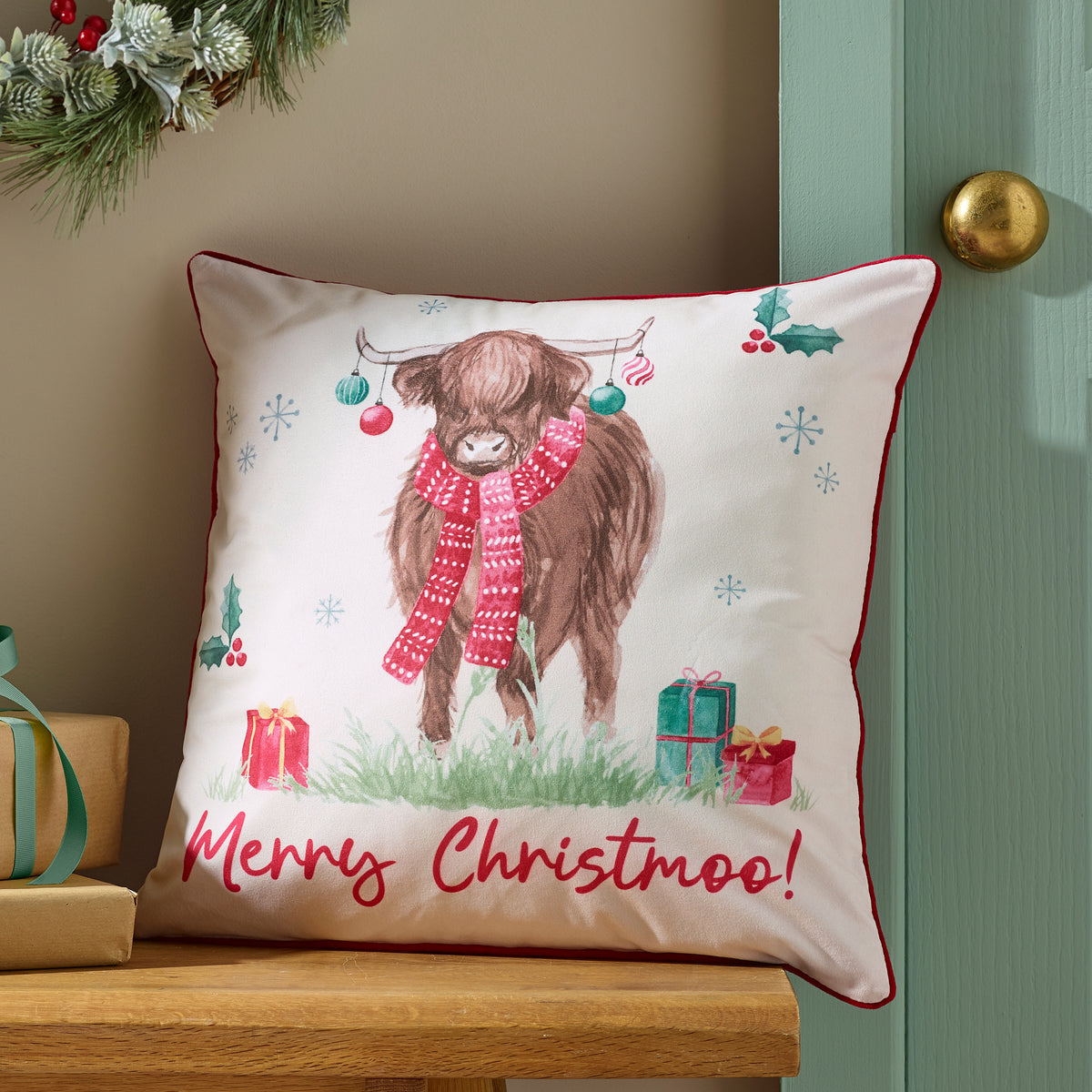 Catherine Lansfield Merry Christmoo Filled Cushion - Natural